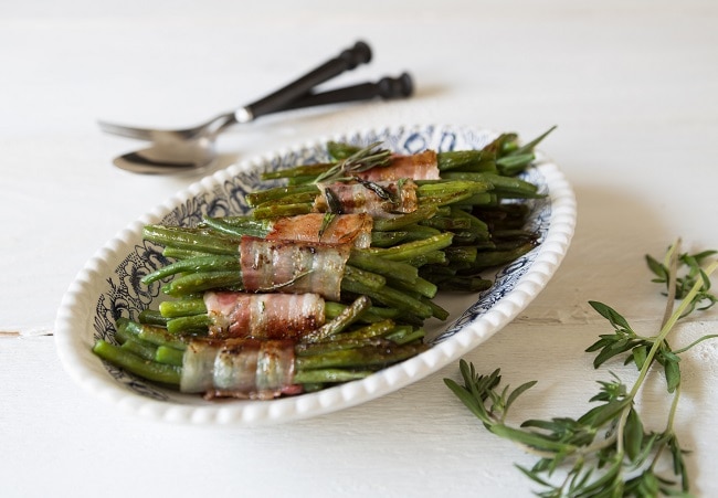 Bacon-Wrapped Green Bean Bundles Bacon-Wrapped Green Bean Bundles on White Plate | Vitacost.com/blog