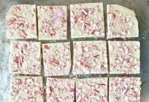 white chocolate peppermint fudge on baking sheet