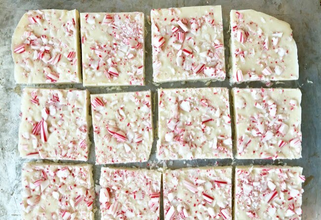 white chocolate peppermint fudge on baking sheet 