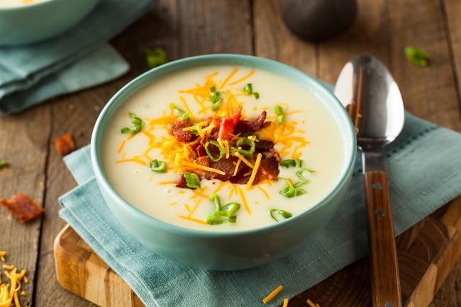 Baked Potato Soup in Bowl with Bacon, Chives and Cheese