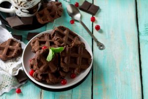 Chocolate Waffles on Plate on Teal Blue Wooden Table | Vitacost.com/blog