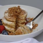 Stack of Eggless Gluten-Free Pancakes in White Bowl with Berries | Vitacost.com/blgo