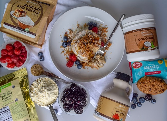 Gluten-Free & Eggless Pancakes with Ingredients Scattered Around | Vitacost.com/blog