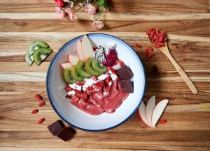 Homemade Hibiscus-Pomegranate Nice Cream Smoothie Bowl Topped with Fruit & Dark Chocolate | Vitacost.com/Blog