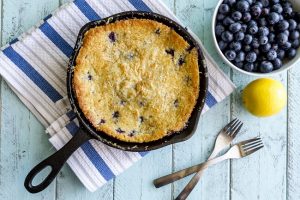 Blueberry Bread in Large Skillet on Blue Wood | Vitacost.com/blog