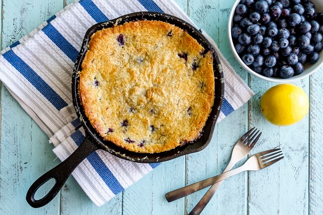 Blueberry Bread in Large Skillet on Blue Wood | Vitacost.com/blog