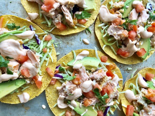 Salmon tostadas with baking pan