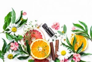 Concept of Essential Oils and Uses Demonstrated by Citrus Fruit, Spring Flowers, Leaves and Amber Bottle | Vitacost.com/blog