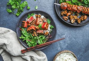 Top View of Seared Tuna and Mushrooms on Rice and Greens | Vitacost Blog