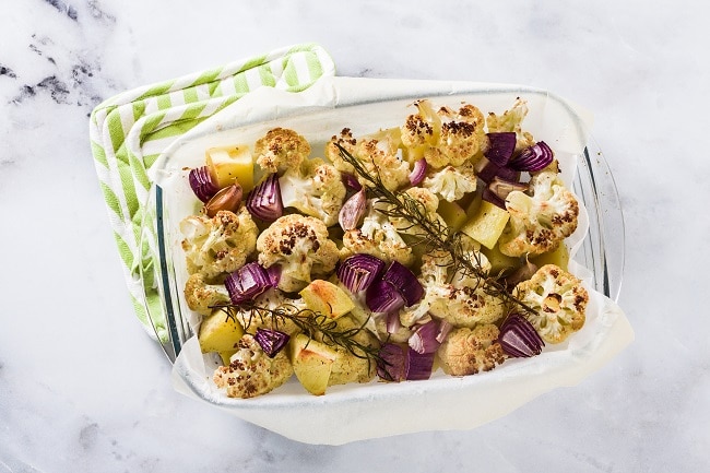 Roasted Cauliflower, Rosemary and Red Onion Side Dish in Baking Dish | Vitacost.com/blog