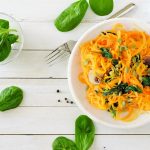 Butternut Squash Noodles in White Bowl with Spinach, Mushrooms & Pumpkin Seeds | Vitacost.com/blog