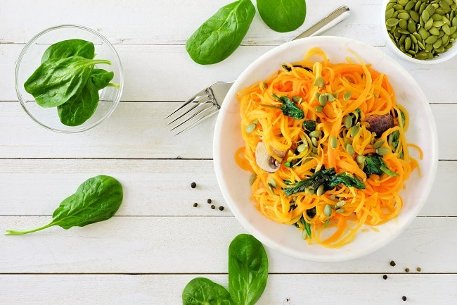 Butternut Squash Noodles Butternut Squash Noodles in White Bowl with Spinach, Mushrooms & Pumpkin Seeds | Vitacost.com/blog
