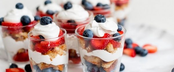 Berry Vanilla Cake Parfaits in Small, Clear Glasses