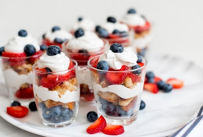 Berry Vanilla Cake Parfaits in Small, Clear Glasses