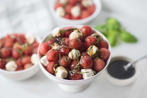 Watermelon Mozzarella Salad with Balsamic Glaze in White Bowl | Vitacost.com/blog