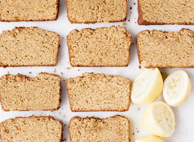 Gluten-Free Lemon Poppy Seed Bread Flat Slices of Lemon Poppy Seed Bread on White Background | Vitacost.com/blog