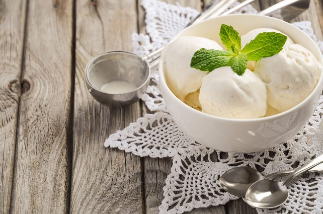 Scoops of Ice Cream with Mint in White Bowl on Wood | Vitacost Blog