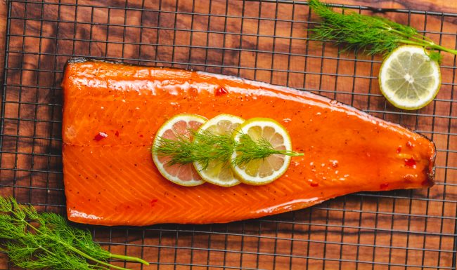 Sriracha-Honey Glazed Smoked Salmon Top View Glazed Smoked Salmon with Lemon Garnish | Vitacost Blog
