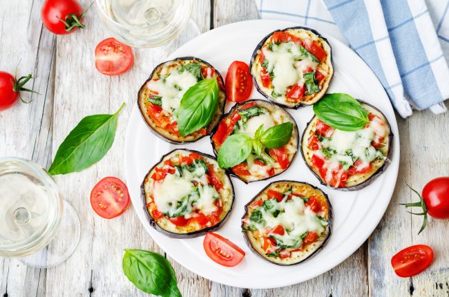 Trop View of Pizza Toppings on Eggplant Slices | Vitacost Blog