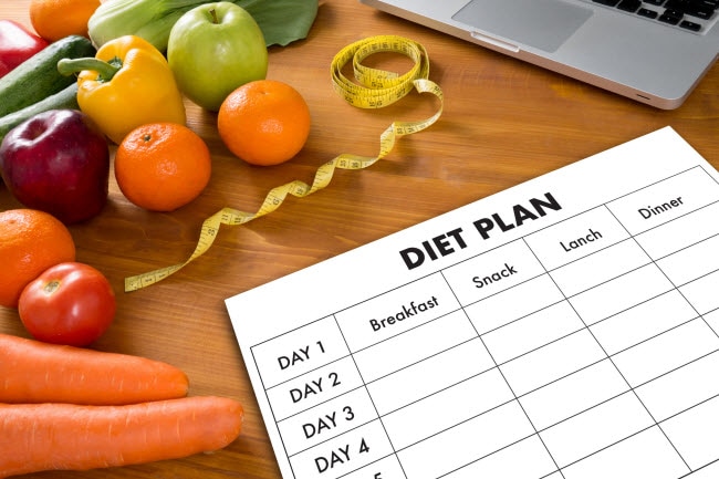 Concept of Starting a Diet Represented by Healthy Fruits & Veggies, Measuring Tape, Scale and Diet Plan on Wood Table | Vitacost.com/blog