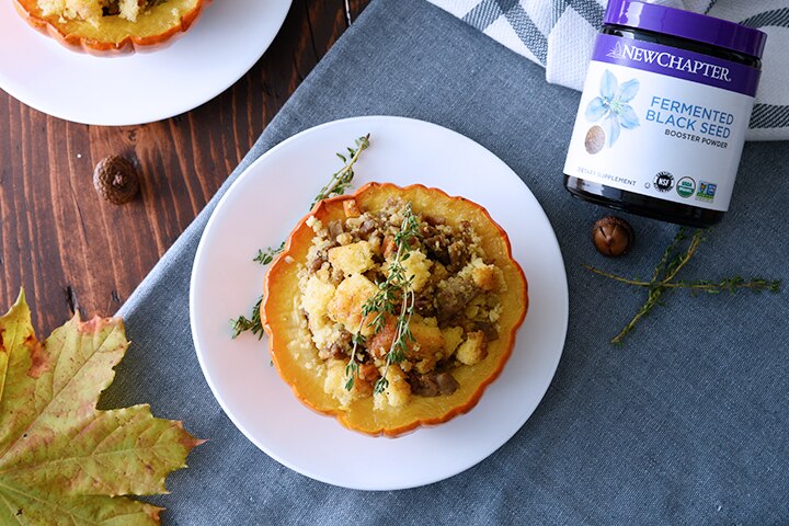 Homemade Acorn Squash with Vegan Sausage & Cornbread Stuffing | Vitacost.com/Blog