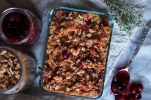Top View of Stuffing in Baking Dish With Cranberries and Walnuts | Vitacost Blog