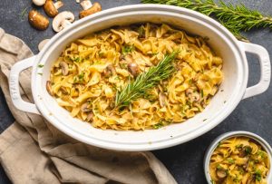 Vegetarian Mushroom Stroganoff in White Dutch Oven | Vitacost.com/blog