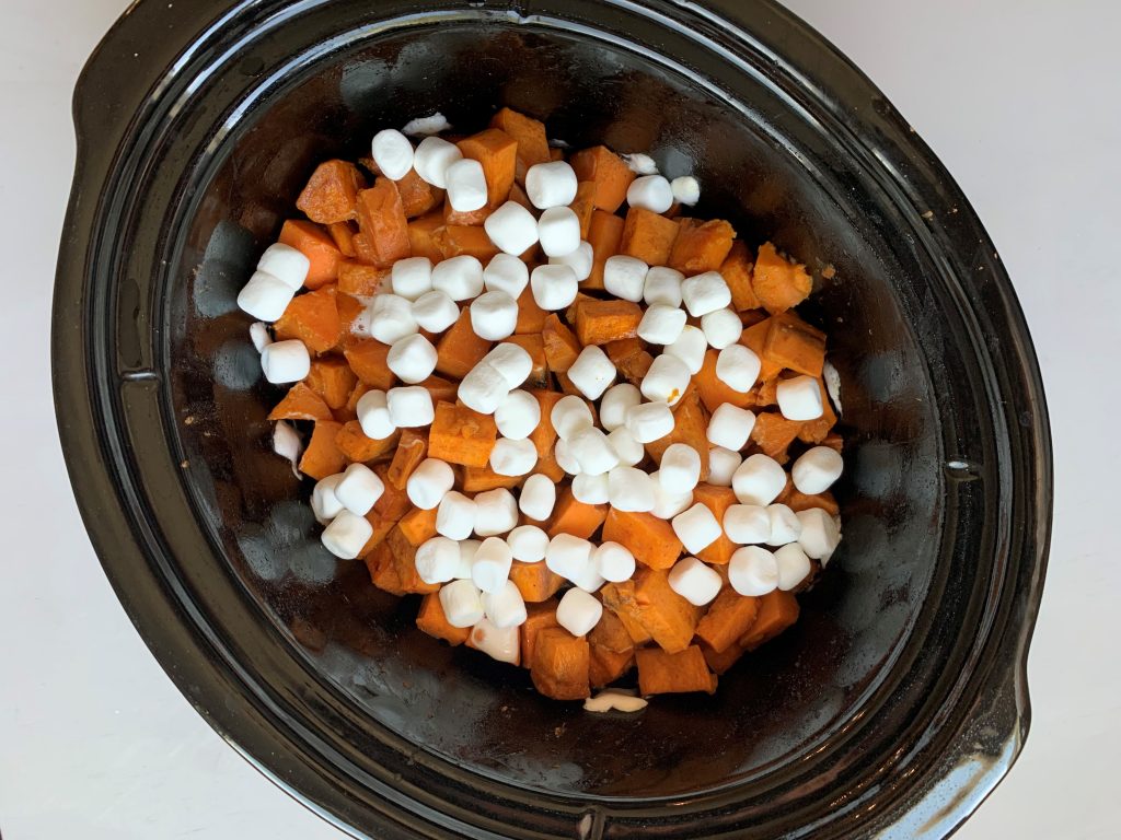 sweet potatoes and marshmallows in slow cooker
