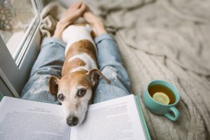 Woman Relaxing with Book, Tea and Dog in Her Lap to Represent Concept of Healthy New Year Resolution Ideas | Vitacost.com/blog