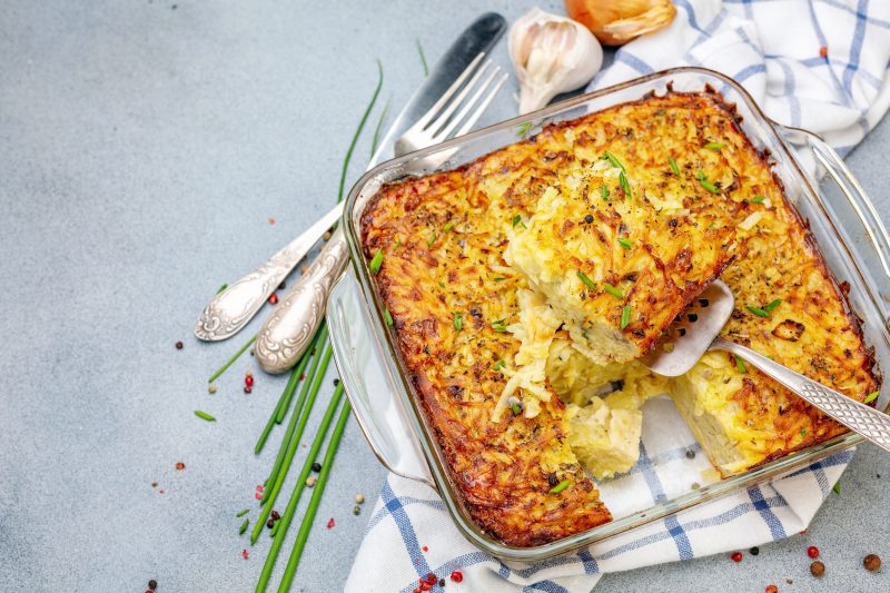 Potato & Chickpea Noodle Kugel Top View of Potato Kugel in Casserole Dish | Vitacost Blog