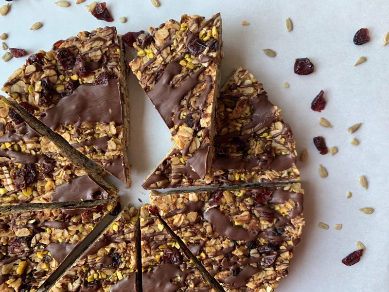 homemade clean eating granola bars with chocolate drizzle