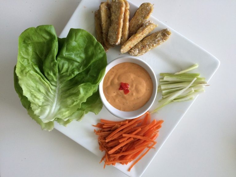 Tempeh Lettuce Wraps with Roasted Red Pepper Tahini Dipping Sauce