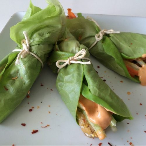 Tempeh Lettuce Wraps with Roasted Red Pepper Tahini Dipping Sauce