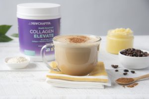 Clear Mug Full of Butter Coffee in Front of New Chapter Collagen Powder Tub | Vitacost Blog