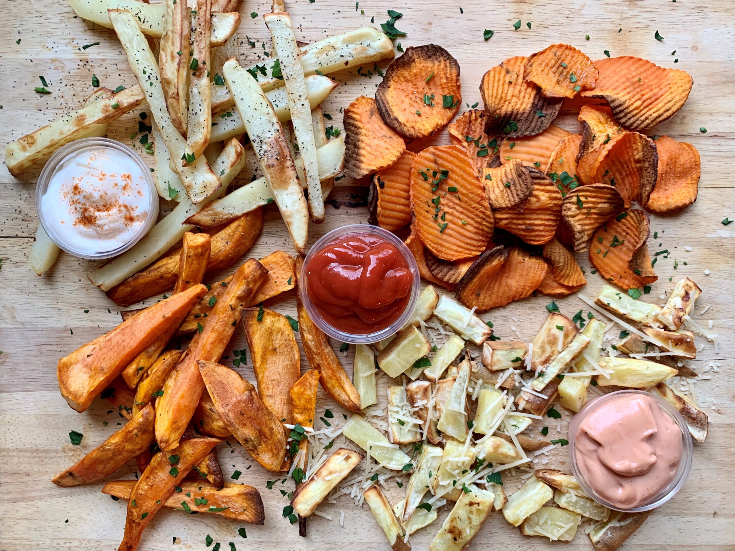 Homemade air fryer French fries on cutting board