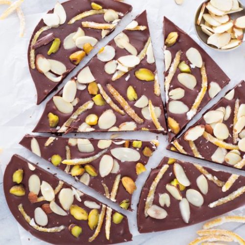 Top View of Heart-Shaped Chocolate Bark With Candied Oranges and Nuts | Vitacost Blog