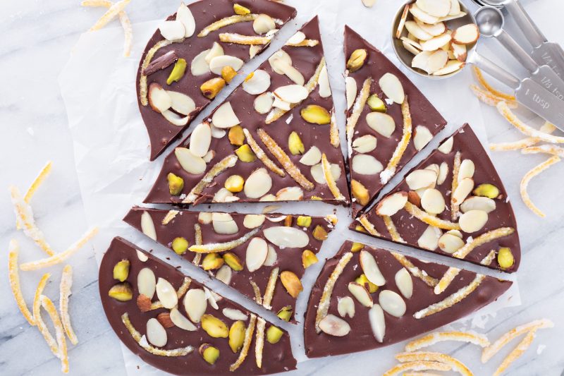 Top View of Heart-Shaped Chocolate Bark With Candied Oranges and Nuts | Vitacost Blog