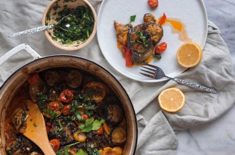 Top View of Ratatouille in Dutch OVen with Serving on White Plate | Vitacost Blog