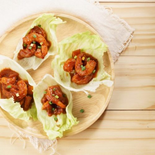 Top View of 4 Shrimp Lettuce Wraps on Round Plate | Vitacost Blog