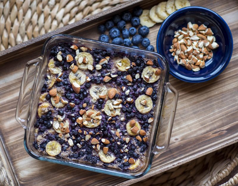 Top View Baked Oatmeal with Blueberries, Bananas and Almonds | Vitacost Blog