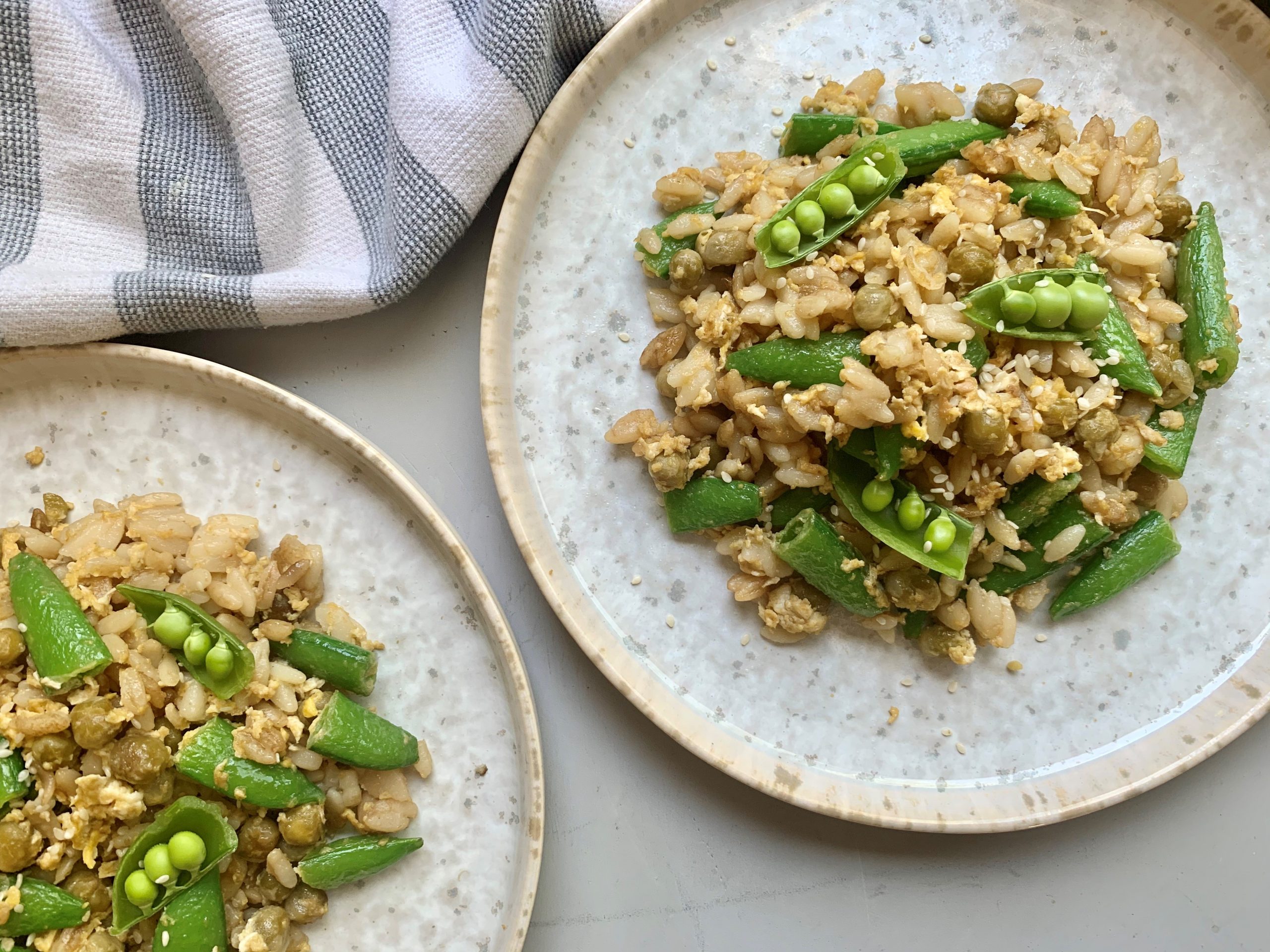 Fried Rice with Spring Vegetables and Orzo on Plate