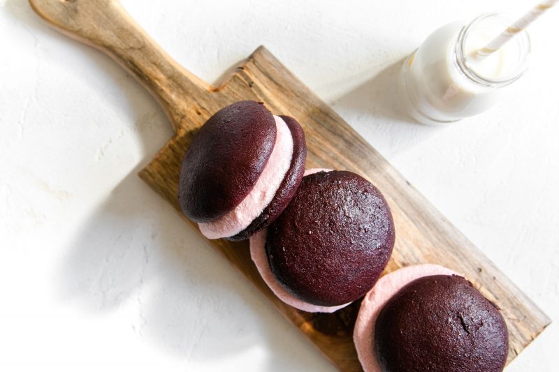 Top View Three Red Velvet Whoopie Pies on Wooden Serving Board | Vitacost Blog