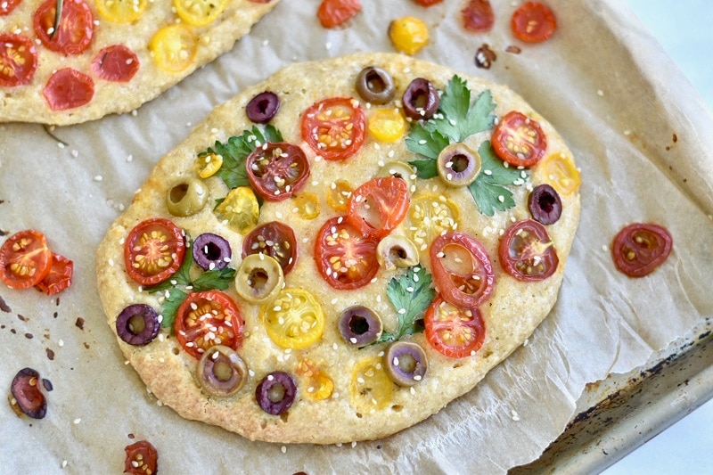 Gluten-Free Focaccia Bread Topped with Tomatoes, Olives & Herbs | Vitacost.com/Blog