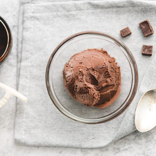 Scoop of Chocolate Ice Cream in Glass Bowl Next to Scoop and Spoon | Vitacost Blog