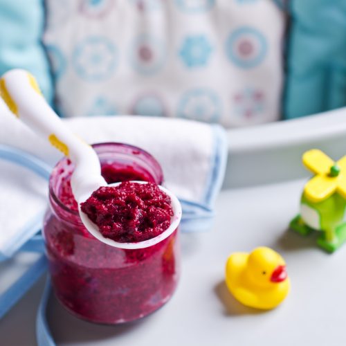 Pureed Beet Baby Food in Small Jar Next to Rubber Ducky | Vitacost Blog