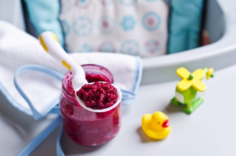 Pureed Beet Baby Food in Small Jar Next to Rubber Ducky | Vitacost Blog
