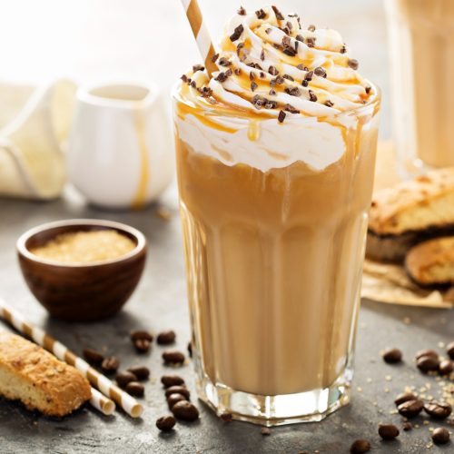Caramel Latte in Glass with Whipped Cream and Chocolate Flakes | Vitacost Blog