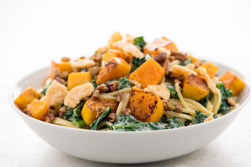 Creamy Buttrnut Squash and Kale Spaghetti in White Bowl