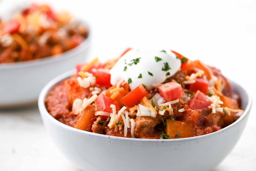 Homemade Turkey and Butternut Squash Chili topped with Sour Cream