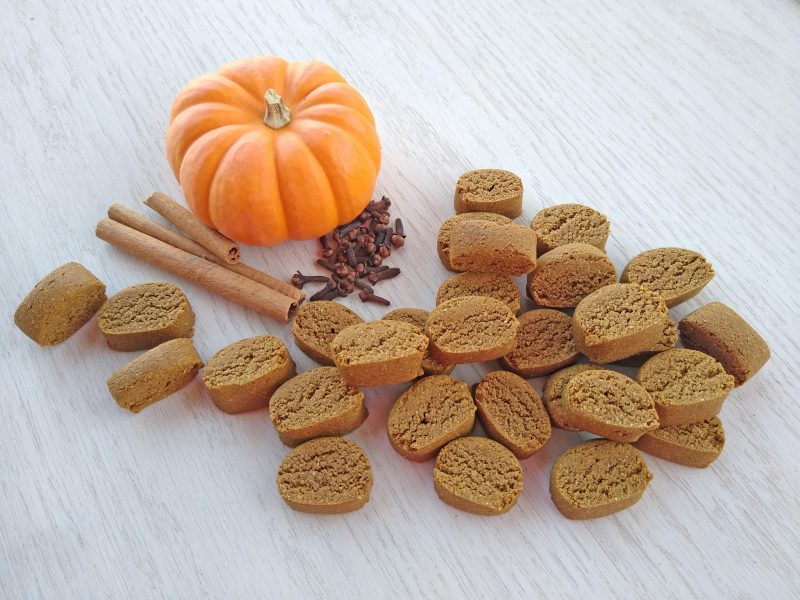 Pumpkin Spice Soft Dog Treats Small Circular Dog Treats Next to Small Pumpkin and Cinnamon Sticks | Vitacost Blog